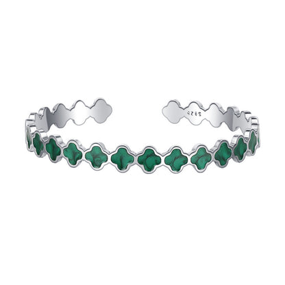 S925 Sterling Silver Four Leaf Flower Quicksand Enamel Female Adjustable Fashionable Drop Glaze Avocado Color Bracelet