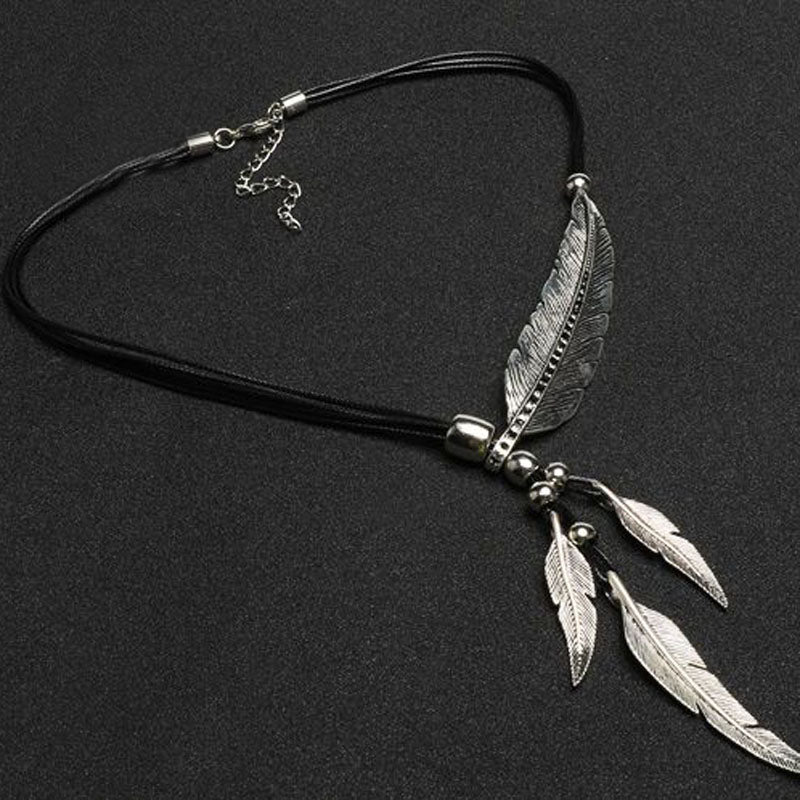 Women's Feather Leaves With Diamonds Black Leather Cord Multi-layer Tassel Necklace