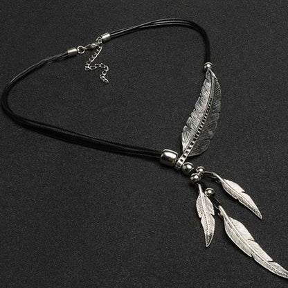 Women's Feather Leaves With Diamonds Black Leather Cord Multi-layer Tassel Necklace