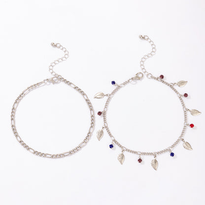 Simple And Fashionable Color Rhinestone Hit Color Tassel Leaf Pendant Anklet 2-piece Set