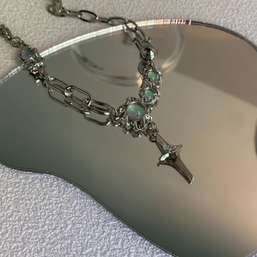 Cross Moonstone Necklace Women's Trendy Cool Collarbone Chain