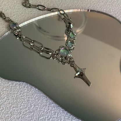 Cross Moonstone Necklace Women's Trendy Cool Collarbone Chain