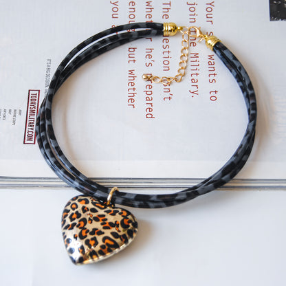 Love Leopard Pendant Multi-layer Leather String Necklace