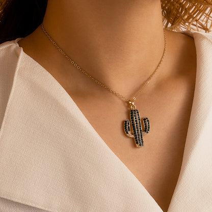 Women's Personality Simple Diamond Cactus Alloy Pendant Necklace