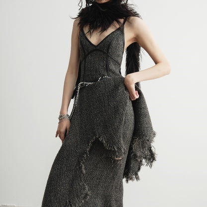 Hand-damaged Burrs Tassels Sling Irregular Dress