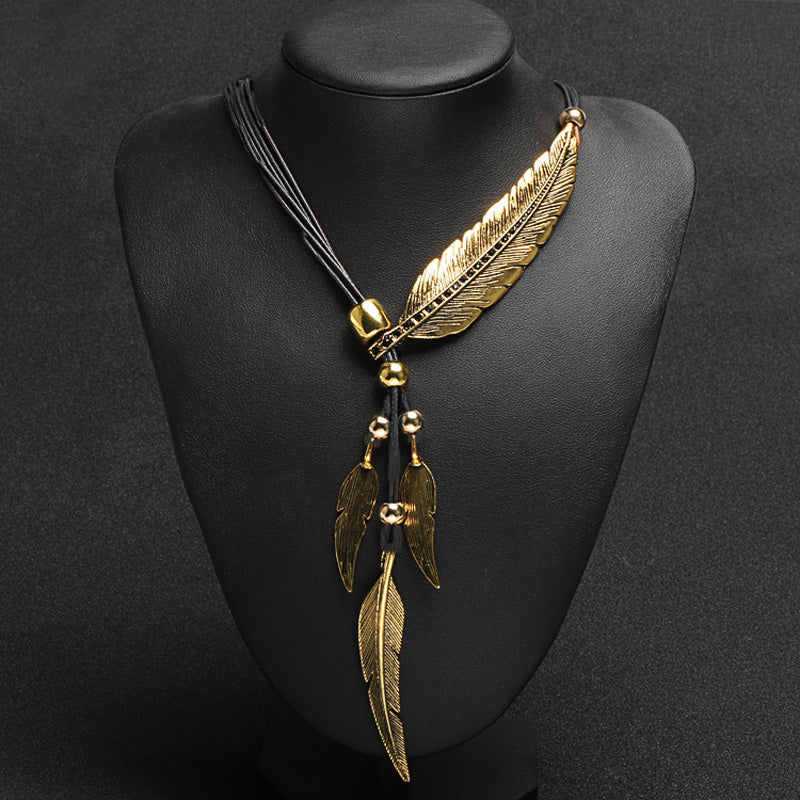 Women's Feather Leaves With Diamonds Black Leather Cord Multi-layer Tassel Necklace