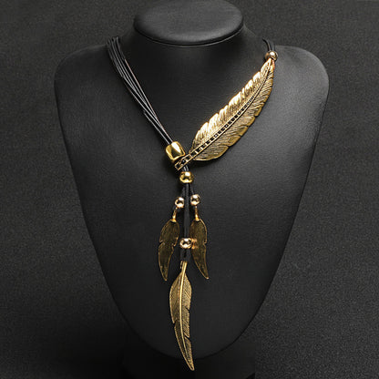 Women's Feather Leaves With Diamonds Black Leather Cord Multi-layer Tassel Necklace