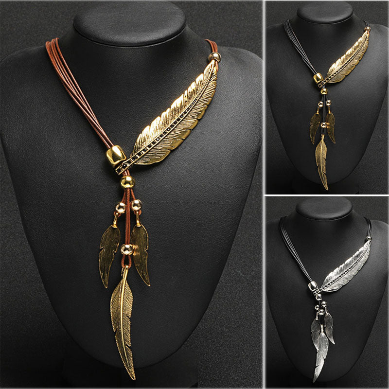 Women's Feather Leaves With Diamonds Black Leather Cord Multi-layer Tassel Necklace