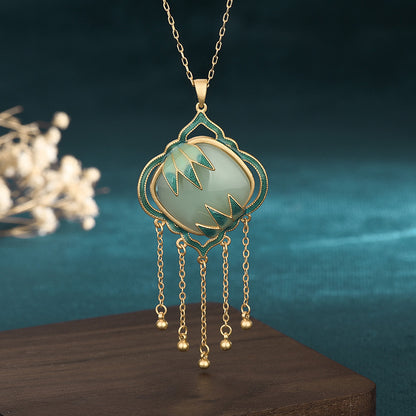 Chinese Style Enamel Painted Bamboo Leaf Square Pendant Necklace